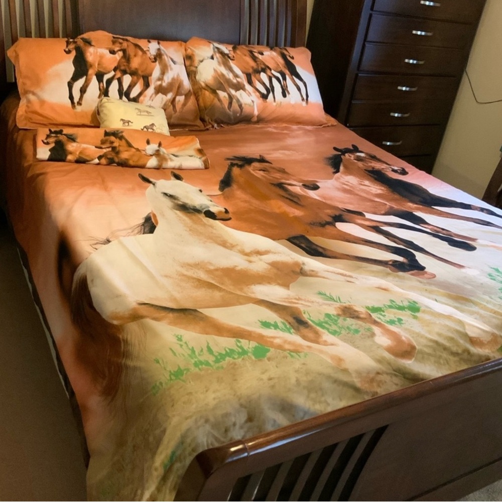 Like New Horse-Print Queen 3 Pc Bedding  Duvet Set & 2 Curtains